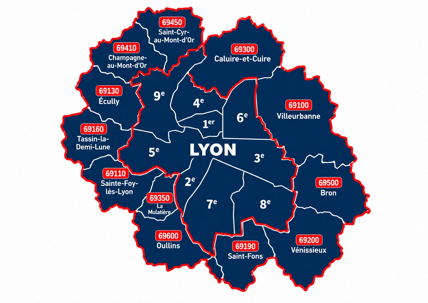 Carte des arrondissements de Lyon et des communes voisines